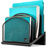 The desk organizer features a sleek black base with five inclined compartments, displaying assorted turquoise folders and spiral-bound notebooks for easy visibility and access.