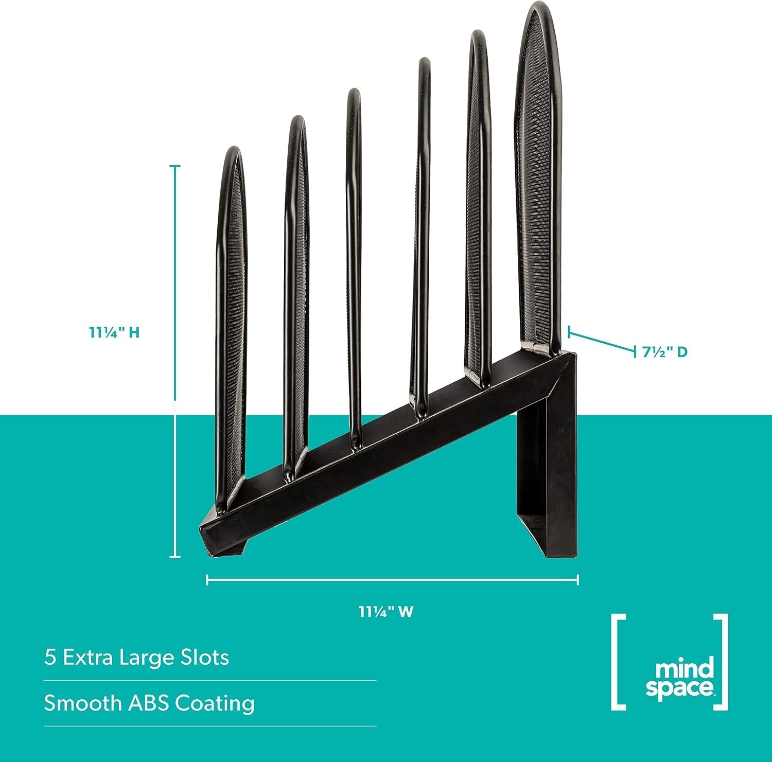Black desk organizer featuring five inclined compartments for file sorting, with dimensions of 11¼ inches in height and 11¼ inches in width, shown from the side to highlight the smooth ABS coating.