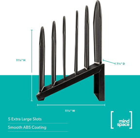 Black desk organizer featuring five inclined compartments for file sorting, with dimensions of 11¼ inches in height and 11¼ inches in width, shown from the side to highlight the smooth ABS coating.