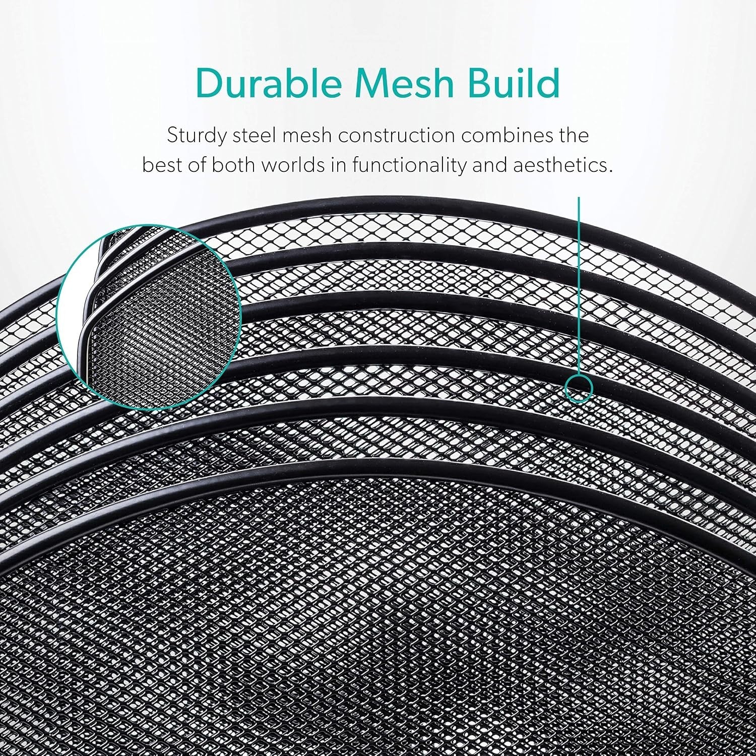 Close-up of the black mesh material of the desk organizer, showcasing the sturdy steel construction and the fine mesh pattern that combines both functionality and aesthetics.
