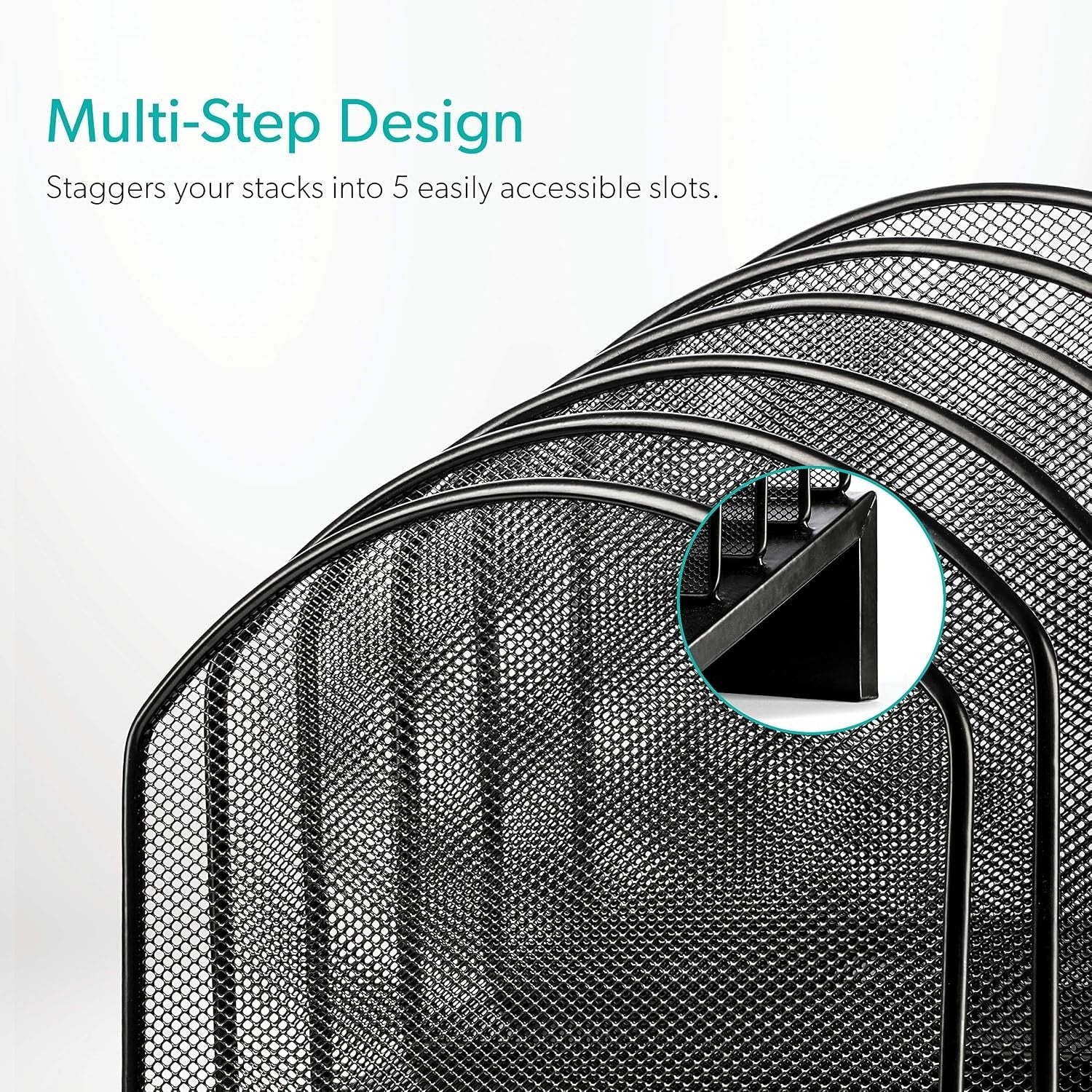 Close-up of the black mesh file sorter showing the multi-step design that features five staggered compartments for organizing files. The angle highlights the structural details and accessibility of each slot.