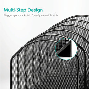 Close-up of the black mesh file sorter showing the multi-step design that features five staggered compartments for organizing files. The angle highlights the structural details and accessibility of each slot.
