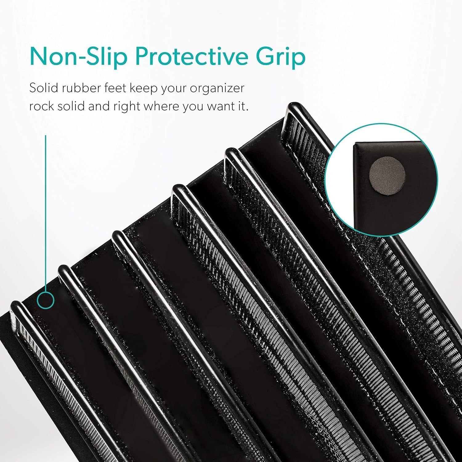 Close-up view of the desk organizer's non-slip rubber feet, showcasing the solid grip design that helps keep the organizer stable in place.
