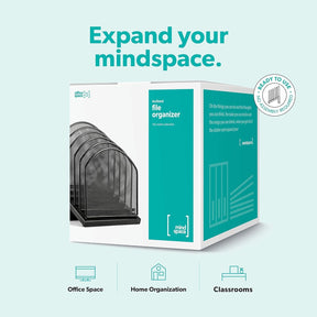 Packaging design for the Mindspace inclined file organizer, featuring a black mesh design with five curved compartments. The box highlights the product's intended use for office space, home organization, and classrooms, with a "ready to use" label indicating no assembly is required.