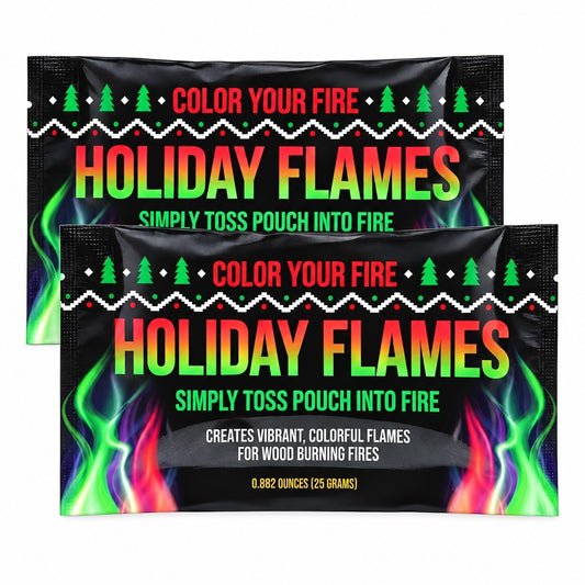 Black pouches featuring bold, colorful text stating "HOLIDAY FLAMES" and "COLOR YOUR FIRE," with green and red accents and vibrant flame graphics along the edges. The pouches are stacked with a visible label indicating they create colorful flames for wood-burning fires.