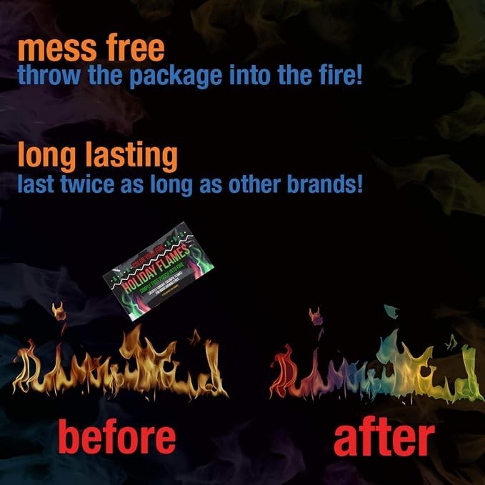 Colorful flames in vibrant hues of red, orange, blue, and green are shown, with text highlighting "mess free" and "long lasting" features above. The packaging for "HOLIDAY FLAMES" is prominently displayed in the center, positioned between the words "before" and "after."