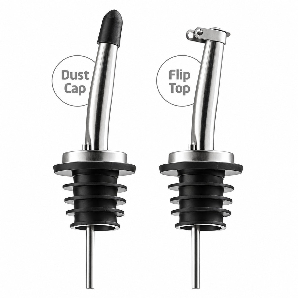 Close-up view of two spouts for the FineDine Glass Olive Oil Dispenser, one featuring a black dust cap and the other a stainless steel flip top design, both with rubber stoppers.