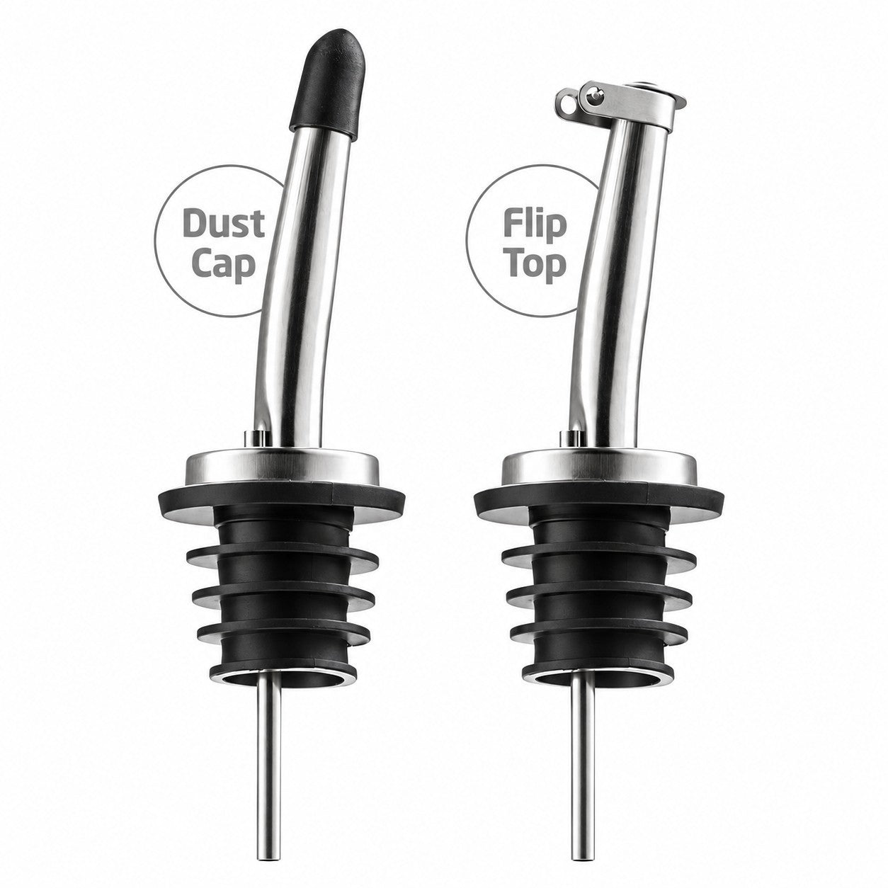 Close-up view of two spouts for the FineDine Glass Olive Oil Dispenser, one featuring a black dust cap and the other a stainless steel flip top design, both with rubber stoppers.