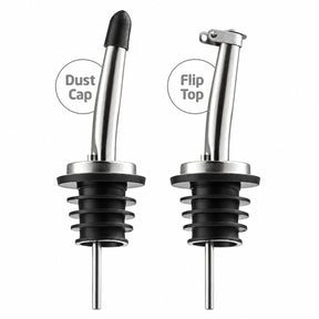 Close-up view of two spouts for the FineDine Glass Olive Oil Dispenser, one featuring a black dust cap and the other a stainless steel flip top design, both with rubber stoppers.