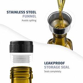 The image showcases the stainless steel funnel positioned at the top of the glass bottle, designed to avoid spilling, alongside a close-up of the black cap featuring a leakproof storage seal that ensures complete sealing.