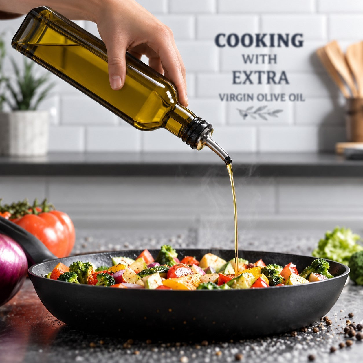 A hand holds the FineDine glass olive oil dispenser bottle, pouring oil over a colorful mix of vegetables in a black skillet, with fresh produce and herbs scattered around the countertop. The background features a white tiled wall with the phrase "Cooking with Extra Virgin Olive Oil."