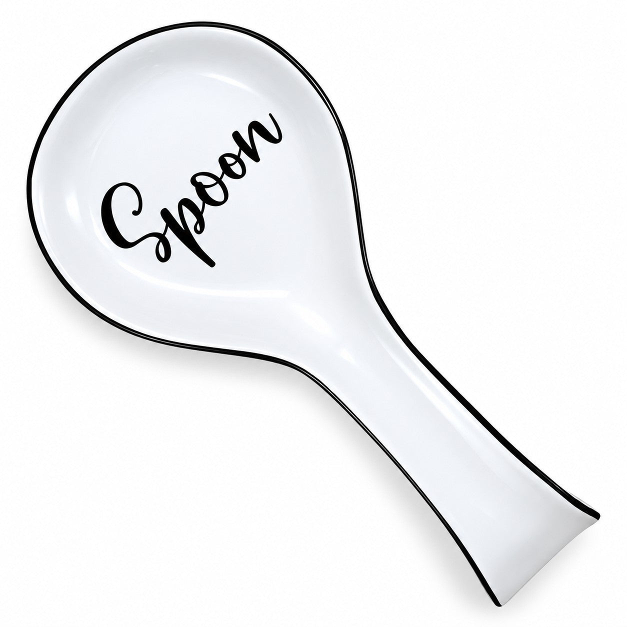 White ceramic spoon rest featuring a black cursive "Spoon" inscription and a sleek black trim, designed to be placed on kitchen counters or stove tops.
