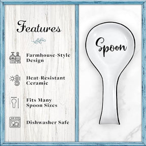 White ceramic spoon rest with a curvy shape, featuring the word "Spoon" in elegant black script. The background includes a wood-style frame listing key features of the product.