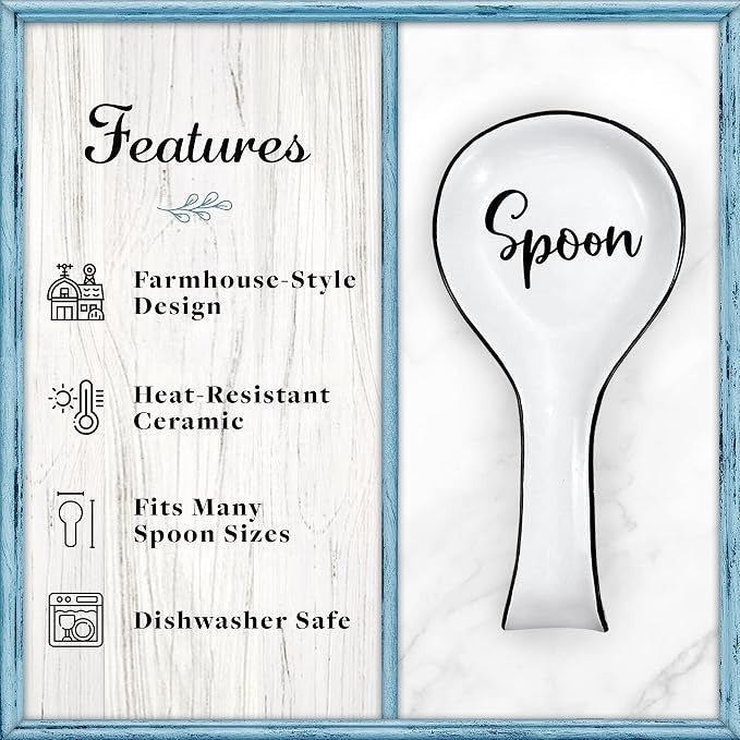 White ceramic spoon rest with a curvy shape, featuring the word "Spoon" in elegant black script. The background includes a wood-style frame listing key features of the product.
