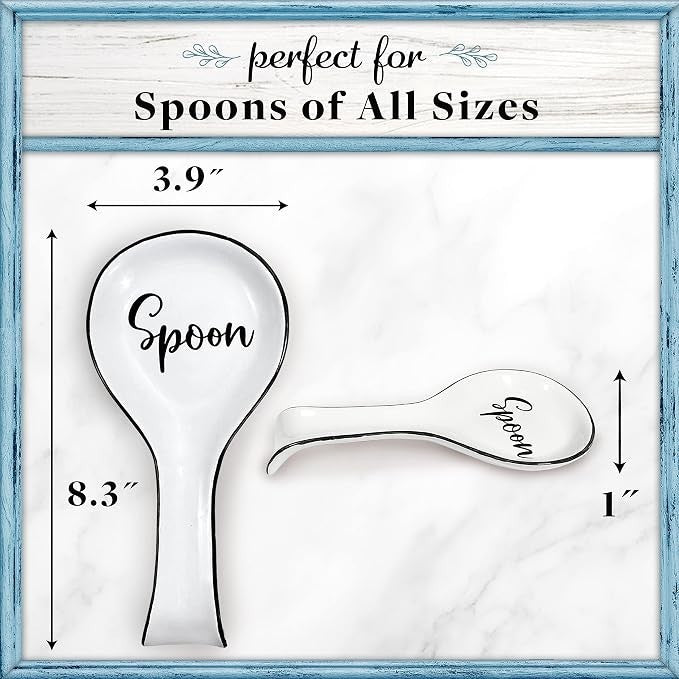 White ceramic spoon rest featuring the word "Spoon" in stylish black lettering, with dimensions measuring approximately 8.3 inches tall and 3.9 inches wide. The design includes one larger spoon rest and a smaller one, both showcasing a sleek and functional shape.