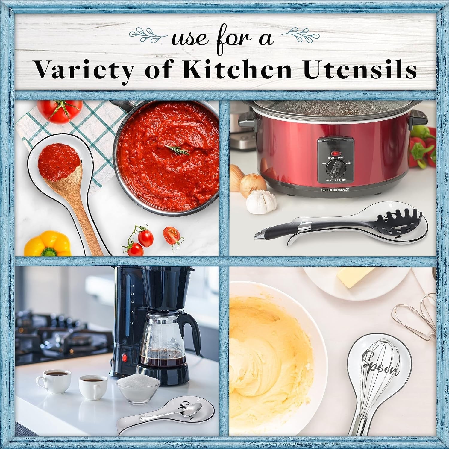 Collage featuring various kitchen utensils in use, including a wooden spoon in a pan of tomato sauce, a black slotted spoon next to a slow cooker, a coffee maker with cups and sugar, and a silver spoon rest displaying "Spoon" next to a bowl of batter.