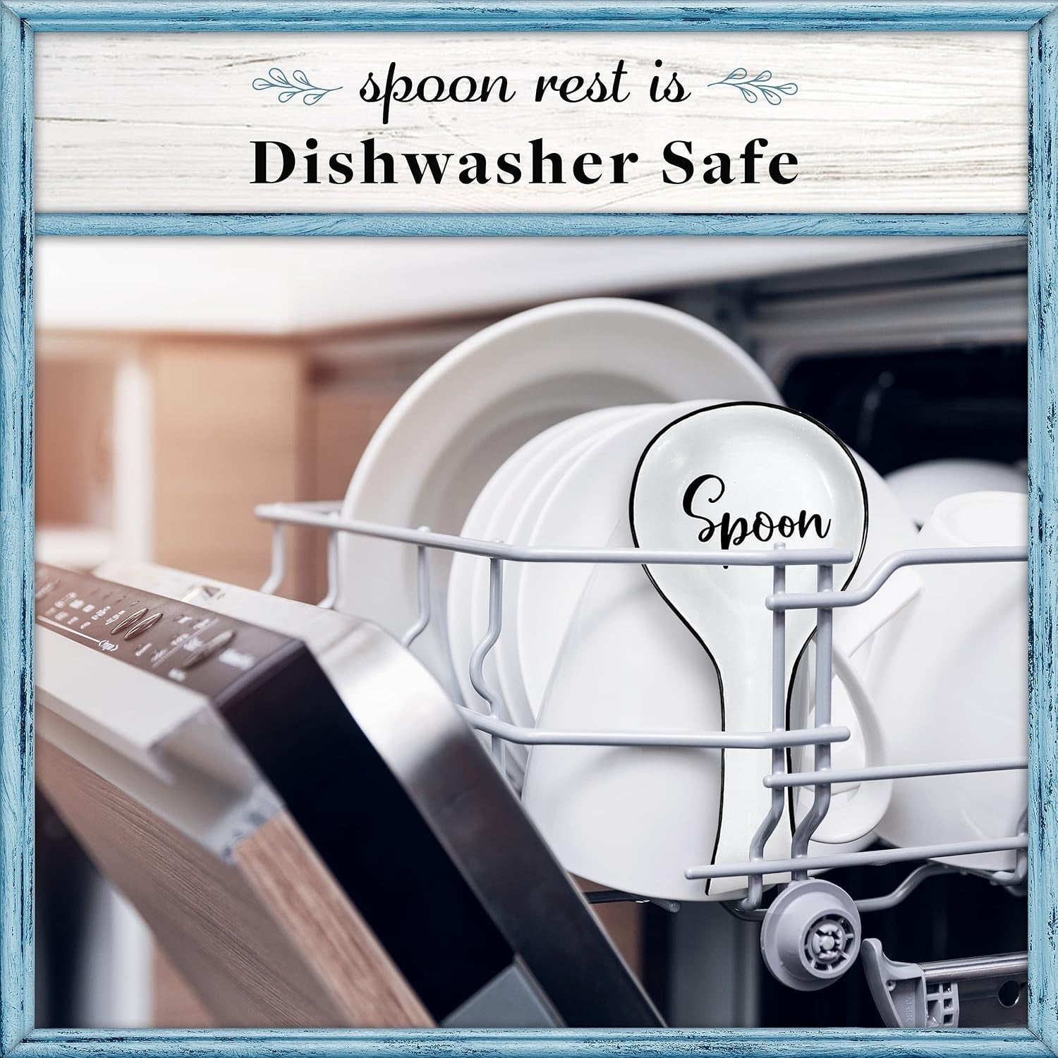 The white ceramic spoon rest is placed inside a dishwasher, featuring the word "Spoon" in a decorative font. Clean white plates are visible in the background.