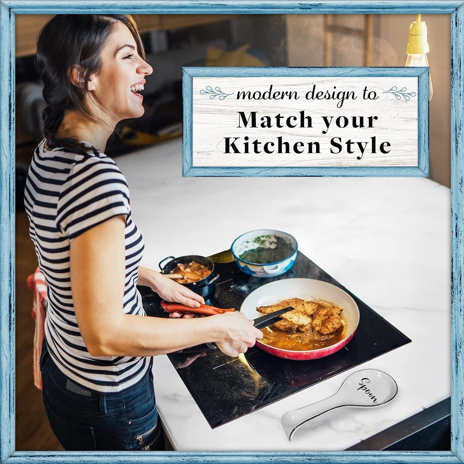 A woman in a striped shirt is cooking at a modern kitchen counter, using a knife to prepare food in a red frying pan. A white ceramic spoon rest with the word "Spoon" printed on it is placed on the counter beside her.