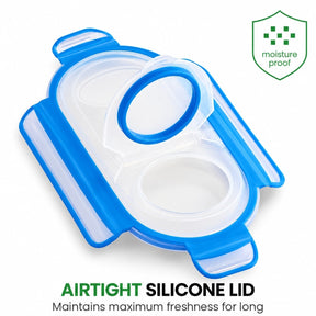 Close-up of an airtight silicone lid featuring a transparent design with blue accents, highlighting the moisture-proof feature and the opening mechanism for easy access.