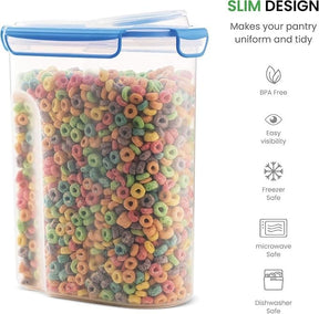 Clear container filled with colorful cereal rings, showcasing its slim design and secure blue lid.