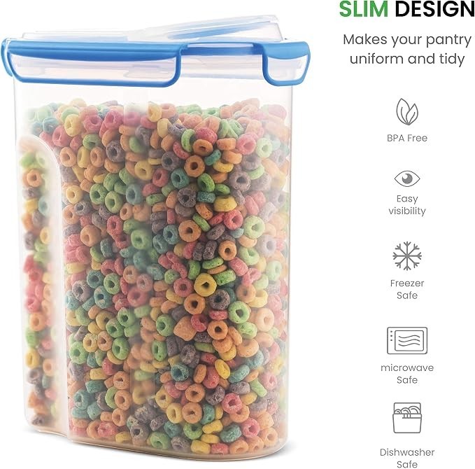 Clear container filled with colorful cereal rings, showcasing its slim design and secure blue lid.