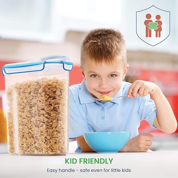 A young boy with a short haircut is enjoying a bowl of cereal while seated at a table, with a transparent cereal container beside him, showcasing its contents. The container features a blue lid and is labeled "Kid Friendly."
