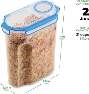 Clear plastic cereal container with a blue lid, holding a mix of cereal and berries, showcasing its handle and measuring approximately 11 inches tall and 9.5 inches wide.