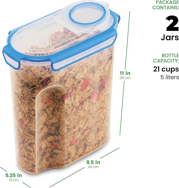 Clear plastic cereal container with a blue lid, holding a mix of cereal and berries, showcasing its handle and measuring approximately 11 inches tall and 9.5 inches wide.