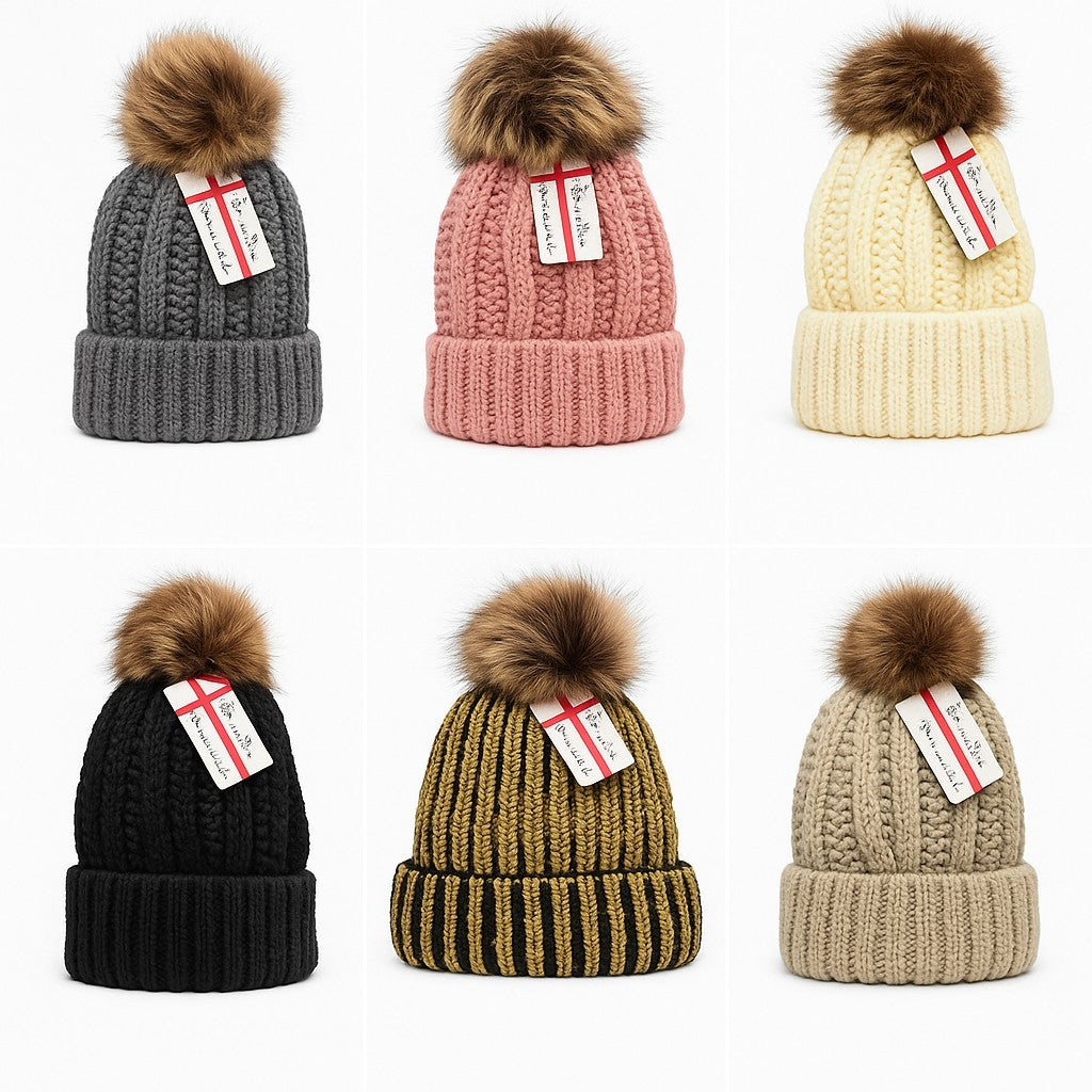 Variety of Women's winter pom pom beanie hats displayed in six different colors: dark gray, pink, cream, black, olive green striped, and light beige, each featuring a fluffy pom pom on top and a cozy knit design.