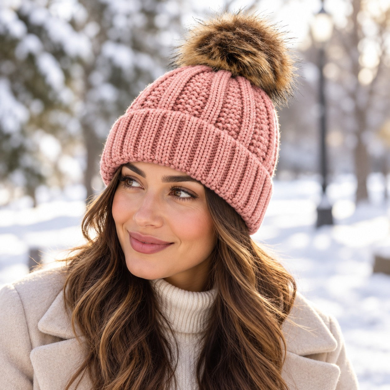 Light pink beanie hat with a ribbed texture and a fluffy pom-pom on top, paired with a cream turtleneck and soft-waved hair, set against a snowy outdoor background.