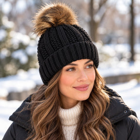 Cozy black beanie hat with a large faux fur pom pom on top, featuring a textured knit pattern. The model is wearing the hat outdoors in a winter setting, with snow in the background.