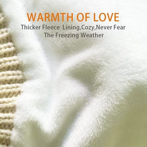 Close-up shot showing the soft fleece lining of the beanie, along with textured knit patterns on the exterior. Text overlay highlights features including "Thicker Fleece Lining" and "Cozy."