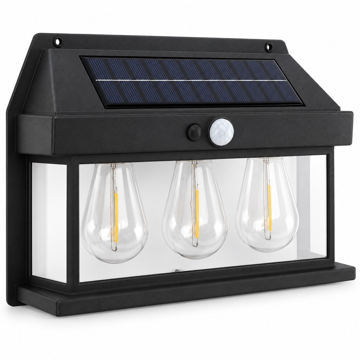 Outdoor solar motion sensor light featuring three clear teardrop-shaped bulbs with yellow filaments, a black housing, and a top solar panel for energy collection. The light includes a motion sensor visible on the front for automatic activation.