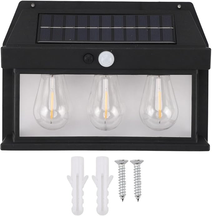 The solar outdoor light features a black housing with three clear, teardrop-shaped bulbs, a motion sensor, and a solar panel on top, accompanied by two wall anchors and two screws for installation. The bulbs are positioned behind a transparent cover, enhancing its sleek design.