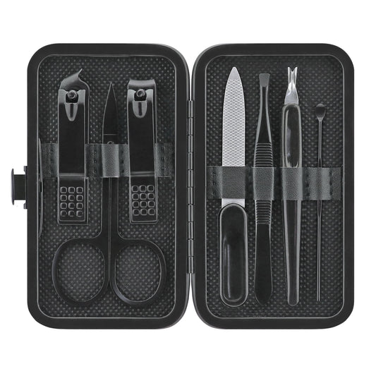 The compact black manicure set features eight grooming tools stored in a sleek case, including scissors, nail clippers, a file, and tweezers, all neatly organized for easy access.