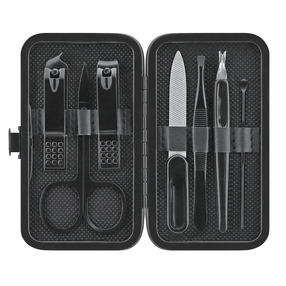 The compact black manicure set features eight grooming tools stored in a sleek case, including scissors, nail clippers, a file, and tweezers, all neatly organized for easy access.