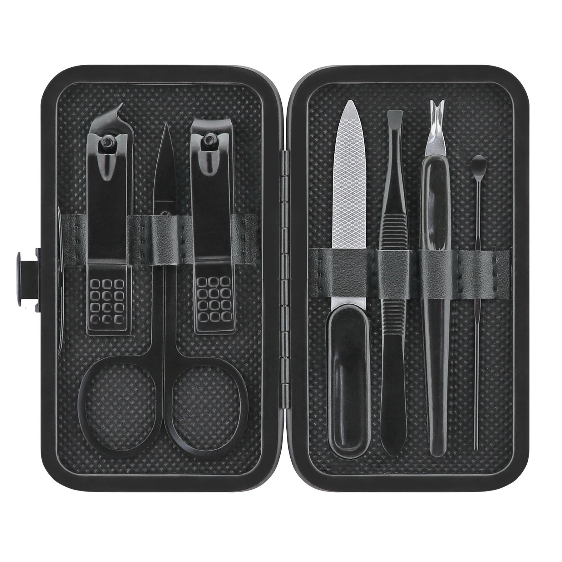 The compact black manicure set features eight grooming tools stored in a sleek case, including scissors, nail clippers, a file, and tweezers, all neatly organized for easy access.