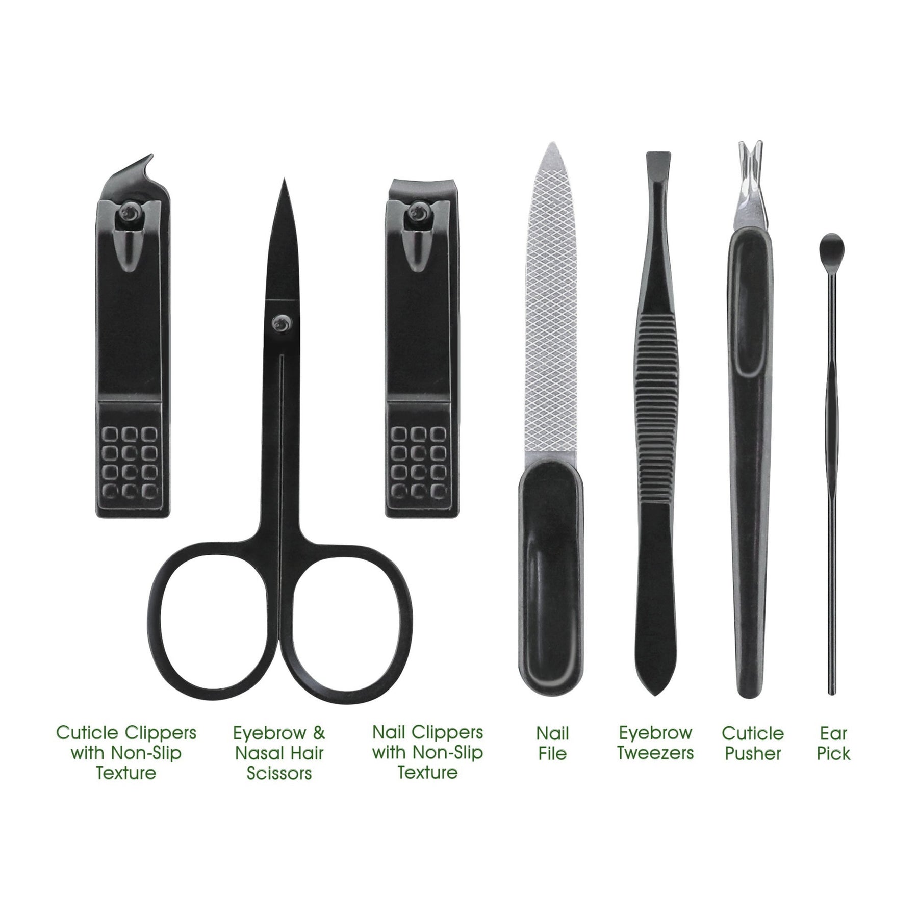 The image displays the tools in the 8-piece manicure set, including cuticle clippers, nail clippers, scissors, a nail file, tweezers, a cuticle pusher, an ear pick, and their textures, all in sleek black. Each tool is arranged neatly, showcasing their shapes and functions.