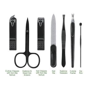 The image displays the tools in the 8-piece manicure set, including cuticle clippers, nail clippers, scissors, a nail file, tweezers, a cuticle pusher, an ear pick, and their textures, all in sleek black. Each tool is arranged neatly, showcasing their shapes and functions.