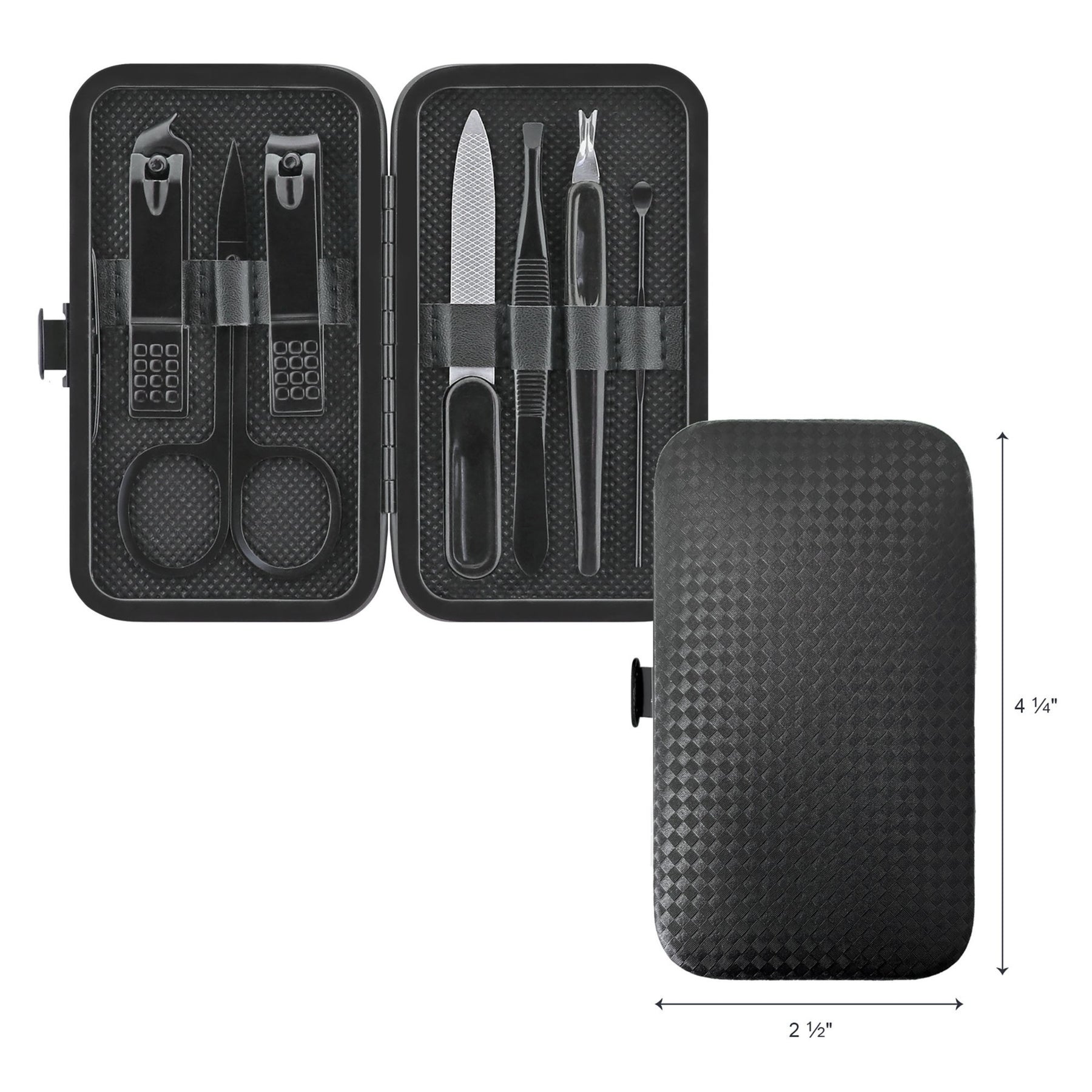 The black manicure set features a textured exterior and includes various tools such as clippers, scissors, a nail file, and a cuticle pusher neatly organized inside. It measures approximately 2.5 inches by 4.25 inches when closed.