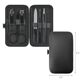 The black manicure set features a textured exterior and includes various tools such as clippers, scissors, a nail file, and a cuticle pusher neatly organized inside. It measures approximately 2.5 inches by 4.25 inches when closed.