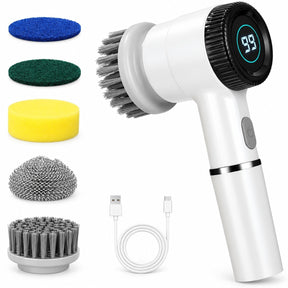 Electric spin scrubber in white with a digital display, featuring a variety of five brush heads including blue and green pads, a yellow sponge, and a stainless steel scrubber, accompanied by a USB charging cable.