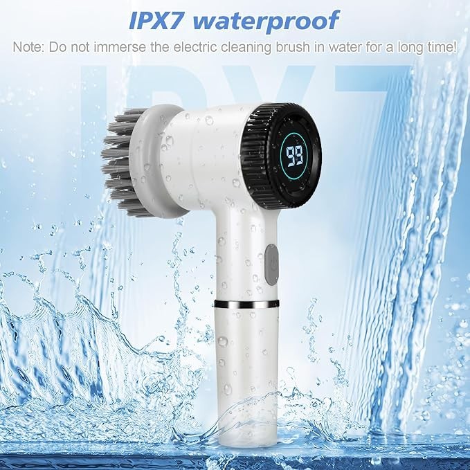 The electric spin scrubber features a white body with a round brush head and a digital display showing the speed settings, positioned against a backdrop of splashing water, indicating its waterproof design.
