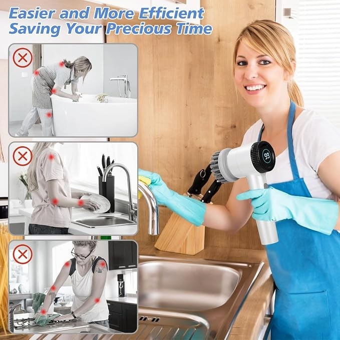 A woman wearing blue gloves and an apron smiles while using the electric spin scrubber by a kitchen sink, showcasing its ease of use. The image includes three smaller panels demonstrating common cleaning challenges with crossed-out symbols, emphasizing the scrubber's efficiency and time-saving benefits.