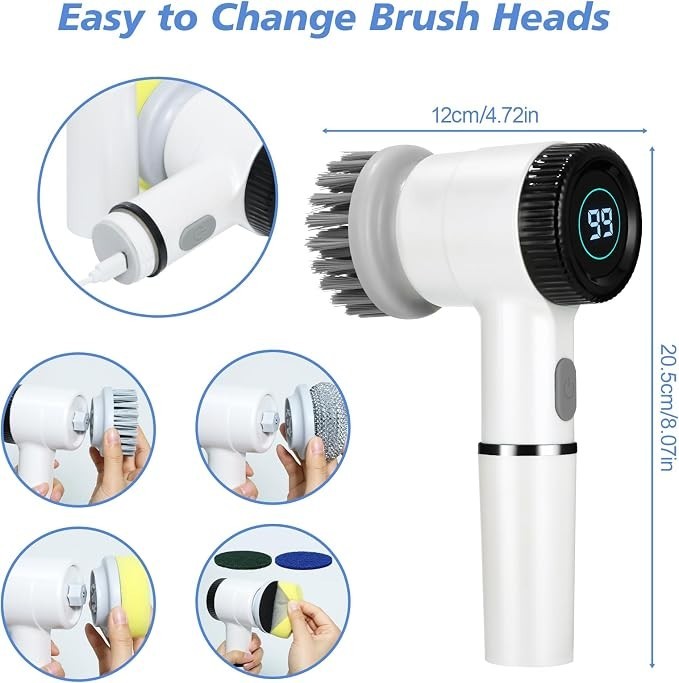 The electric spin scrubber features a white body, a circular black and gray bristle head, and a digital display showing the speed setting. Supplementary images highlight different brush heads being easily attached and removed, showcasing various cleaning applications.