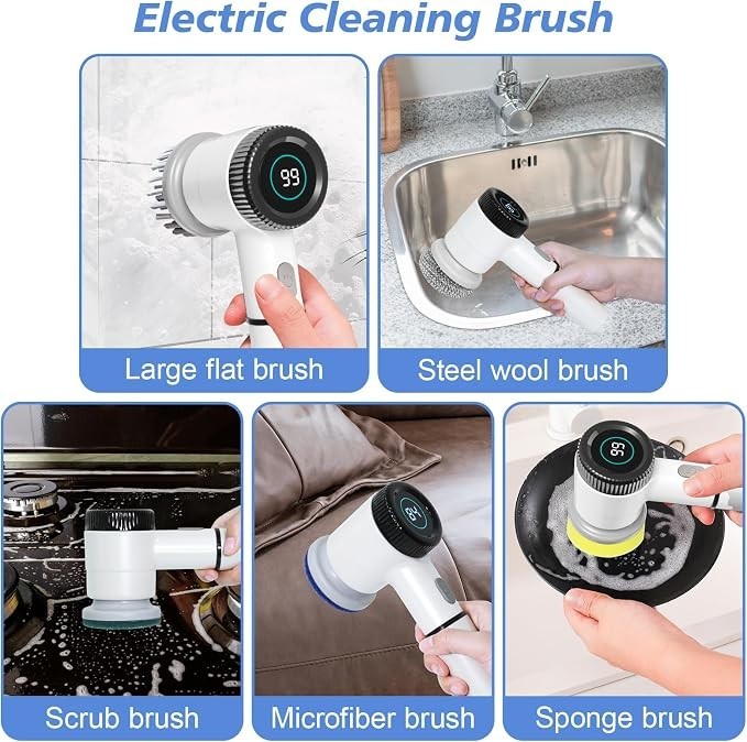 The image showcases an electric cleaning brush with five interchangeable heads, including a large flat brush, a steel wool brush, a scrub brush, a microfiber brush, and a sponge brush, demonstrating various cleaning applications. Each brush head is shown being used in different cleaning scenarios, such as scrubbing tiles, sinks, and cookware.