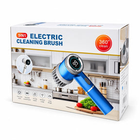 Blue electric cleaning brush shown on the packaging, featuring a digital display and interchangeable brush heads, with a kitchen background that includes vegetables on a cutting board.