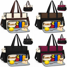 Insulated lunch bag and laptop tote featuring a large compartment with food containers, fresh produce, and drinks visible, available in versatile colors including black, brown, and burgundy. The bag has sturdy handles and a spacious design, showcasing its practical use for organization.