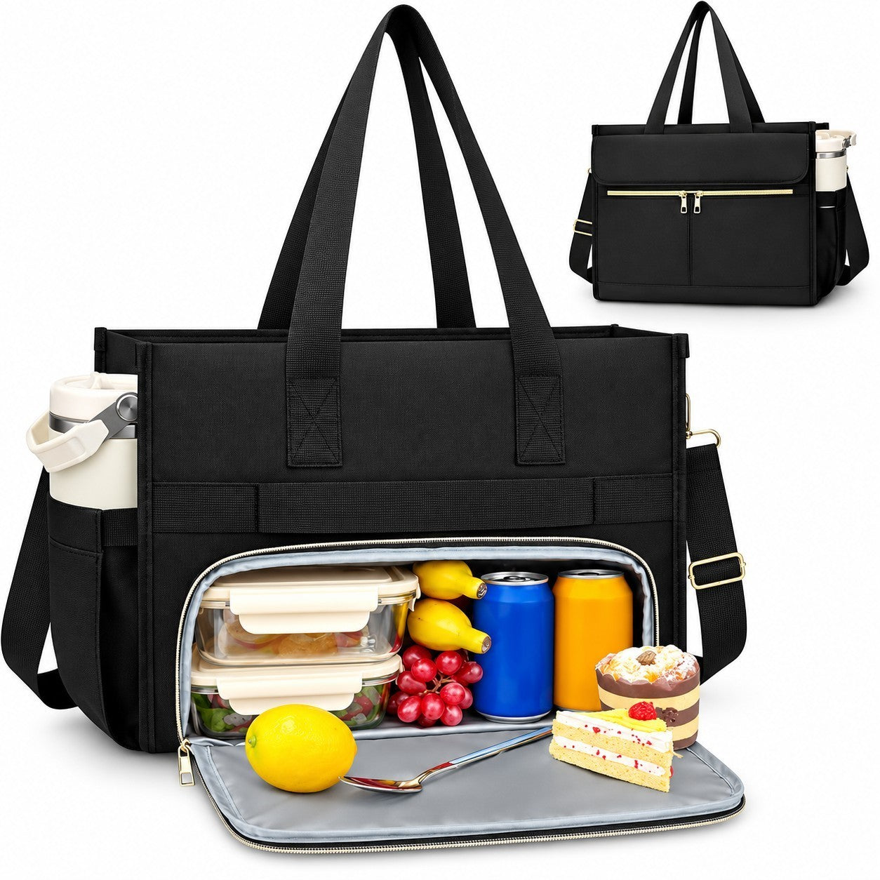 The black insulated lunch bag features a spacious zippered compartment filled with fresh fruit, beverages, and food containers, showcasing its practical design. An additional front pocket is visible, enhancing its functionality as a laptop tote.