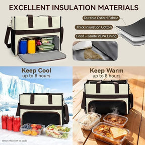 The insulated lunch bag features a durable oxford fabric and a thick insulation cotton lining, shown with various food containers inside. The graphic also highlights the bag's ability to keep contents cool for up to 8 hours and warm for the same duration, with visual comparisons to ice and steaming food.